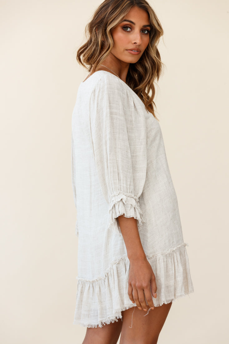 Amala Balloon Sleeve Button Detail Linen Dress Natural by Selfie Leslie