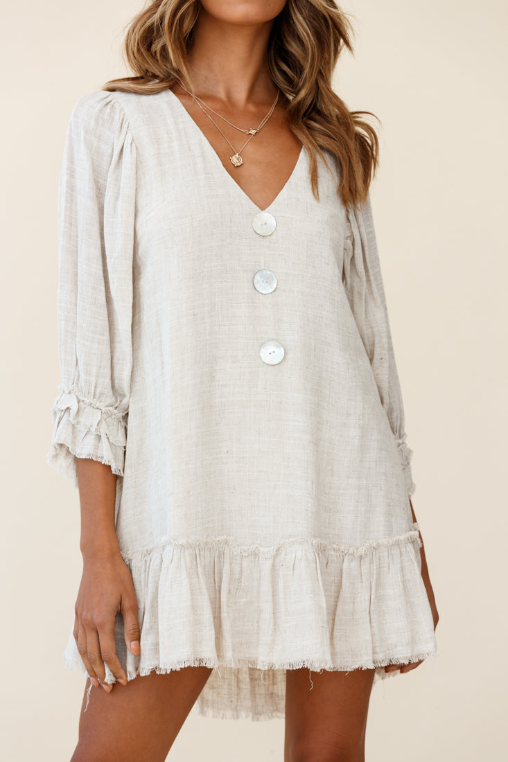 Amala Balloon Sleeve Button Detail Linen Dress Natural by Selfie Leslie