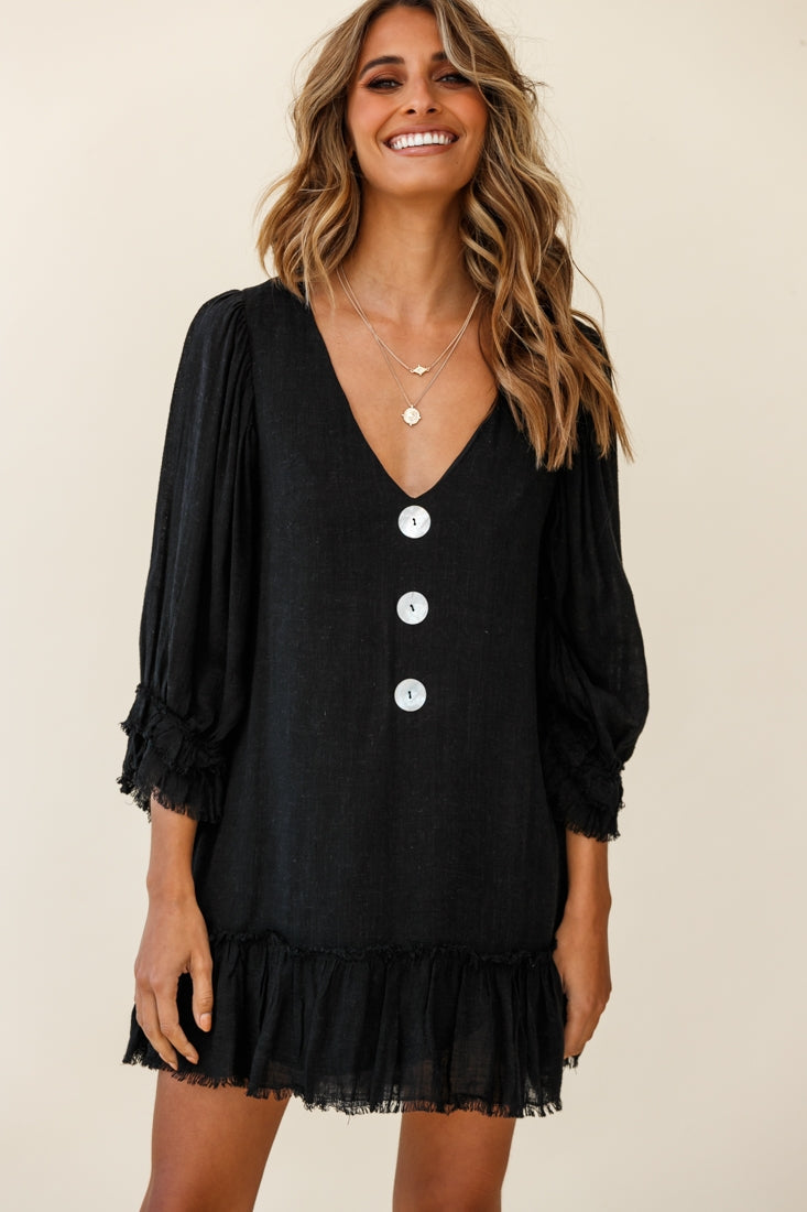 Amala Balloon Sleeve Button Detail Linen Dress Black by Selfie Leslie