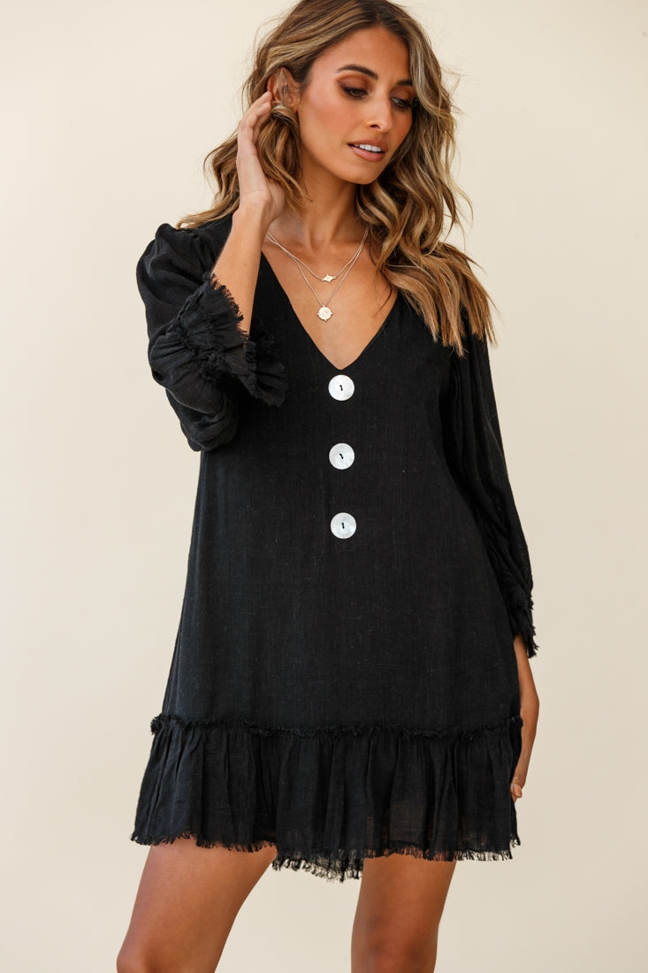 Amala Balloon Sleeve Button Detail Linen Dress Black by Selfie Leslie
