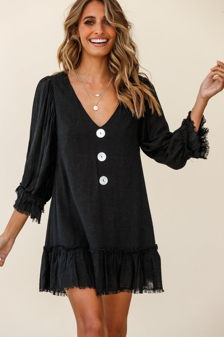 Amala Balloon Sleeve Button Detail Linen Dress Black by Selfie Leslie
