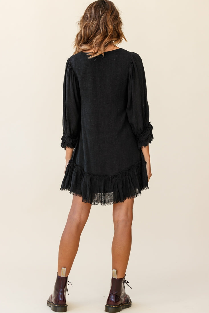 Amala Balloon Sleeve Button Detail Linen Dress Black by Selfie Leslie