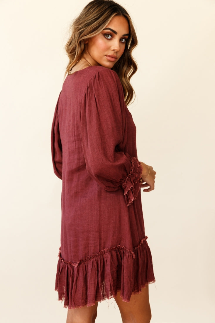 Amala Balloon Sleeve Button Detail Linen Dress Maroon by Selfie Leslie