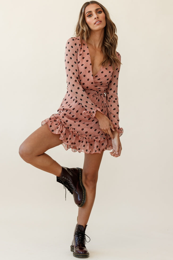 Breckin Long Sleeve Double Frill Hem Dress Polka Dot Print Rust by Selfie Leslie