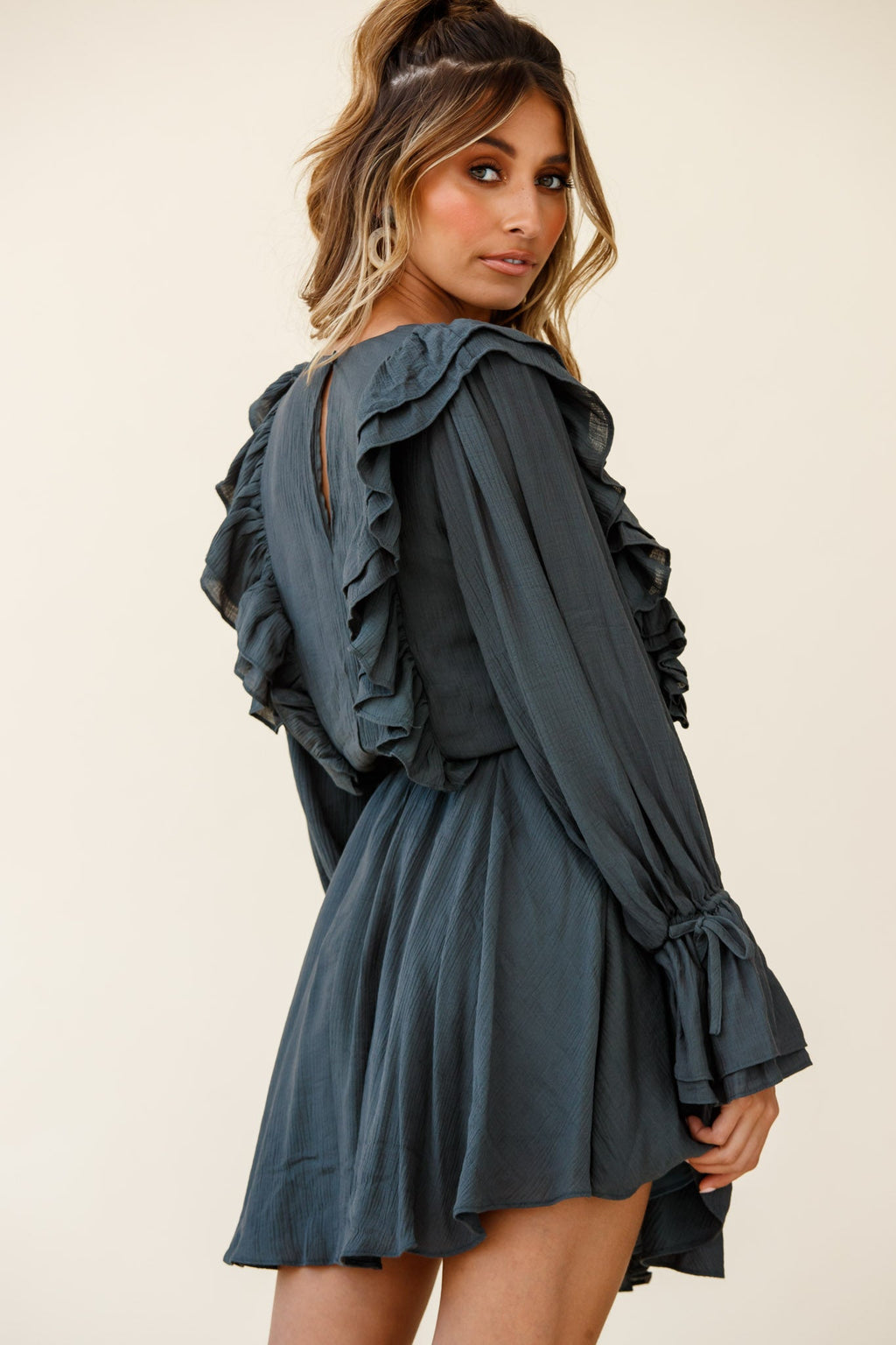Adina Fluted Long Sleeve Frill Detail Dress Green by Selfie Leslie