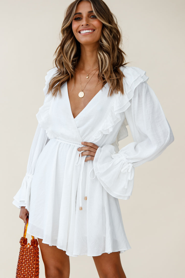 Adina Fluted Long Sleeve Frill Detail Dress White by Selfie Leslie
