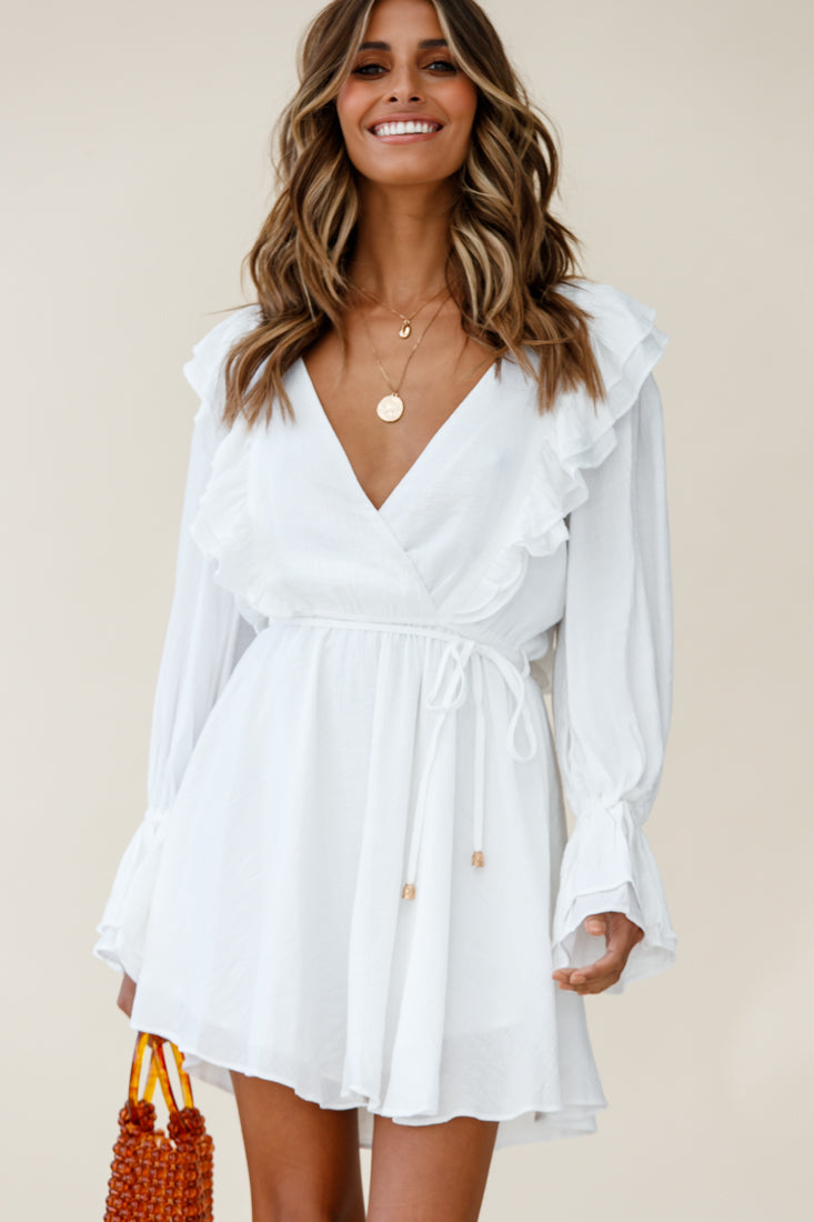Adina Fluted Long Sleeve Frill Detail Dress White by Selfie Leslie