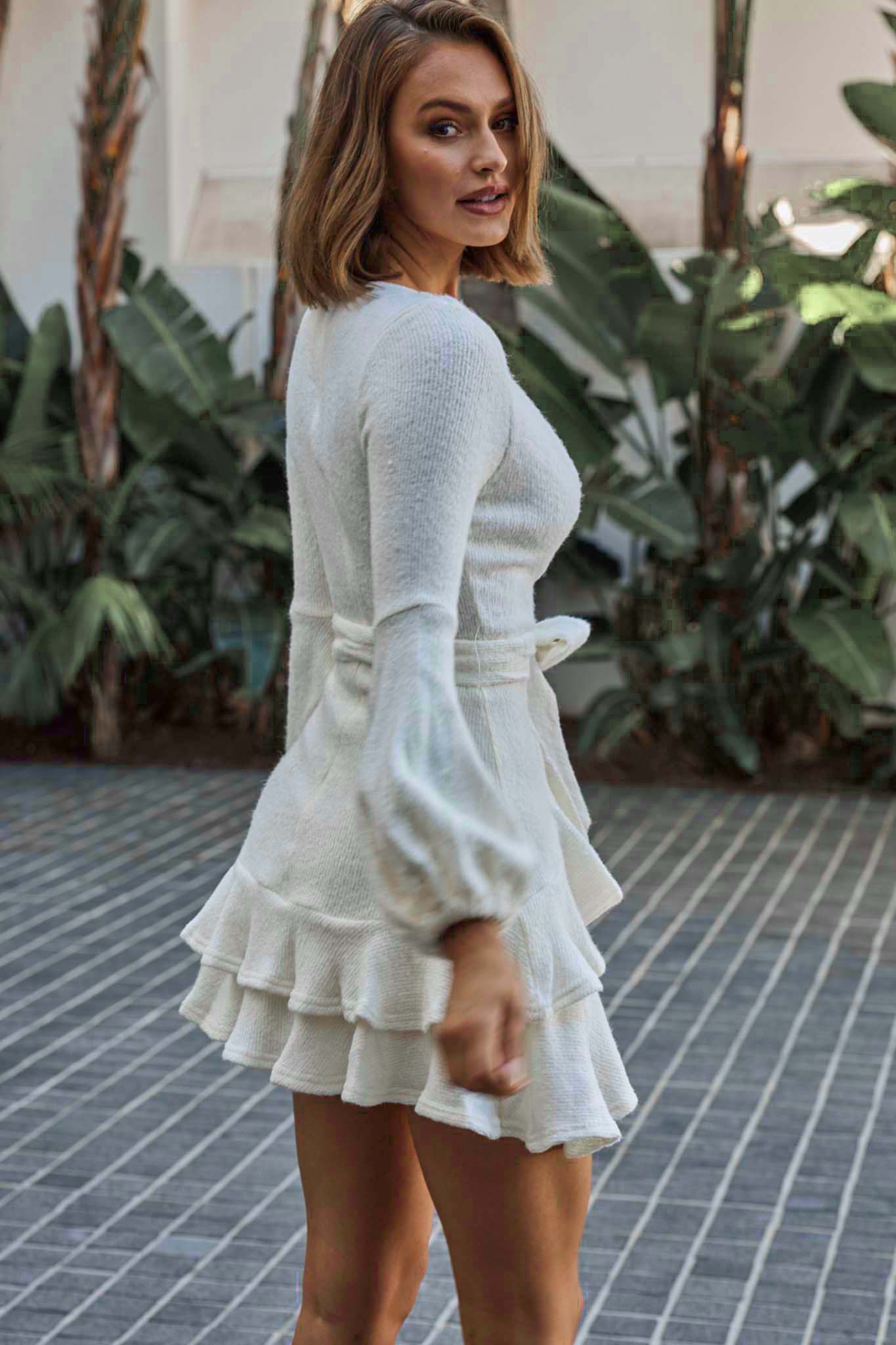 Dresden Long Sleeve Ruffle Detail Knit Dress White by Selfie Leslie