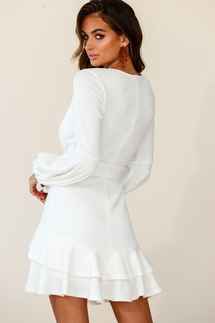 Dresden Long Sleeve Ruffle Detail Knit Dress White by Selfie Leslie