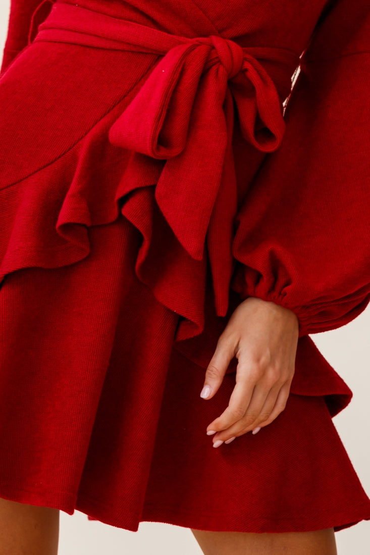 Dresden Long Sleeve Ruffle Detail Knit Dress Wine by Selfie Leslie