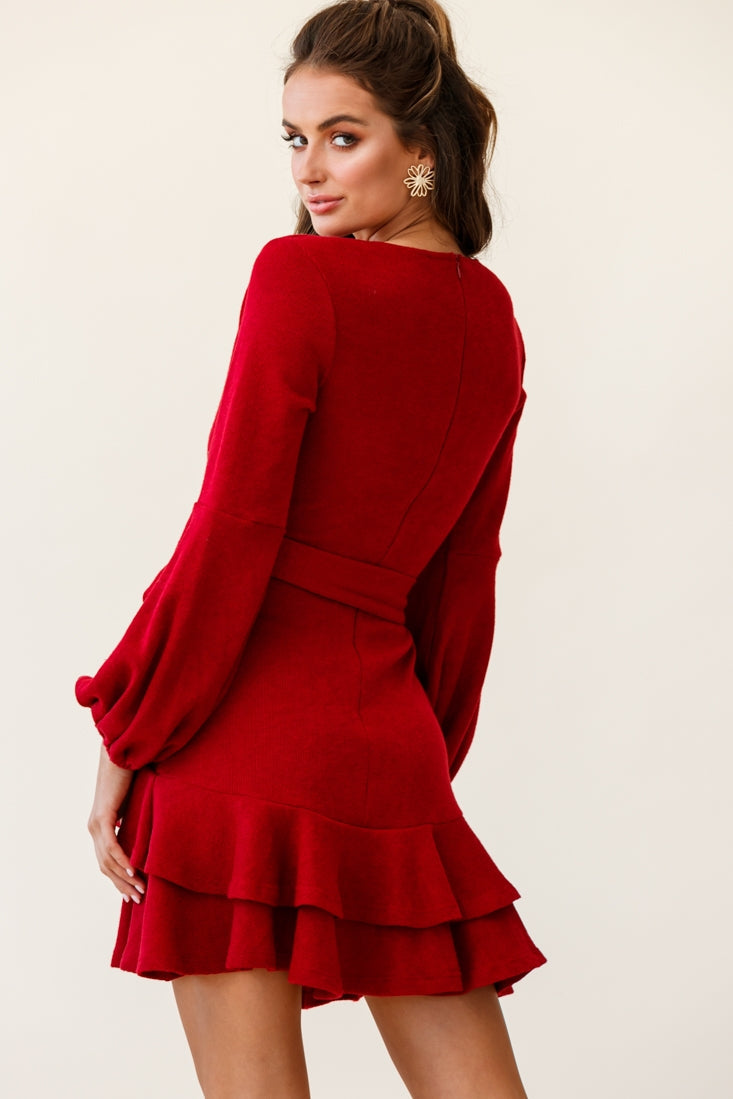 Dresden Long Sleeve Ruffle Detail Knit Dress Wine by Selfie Leslie