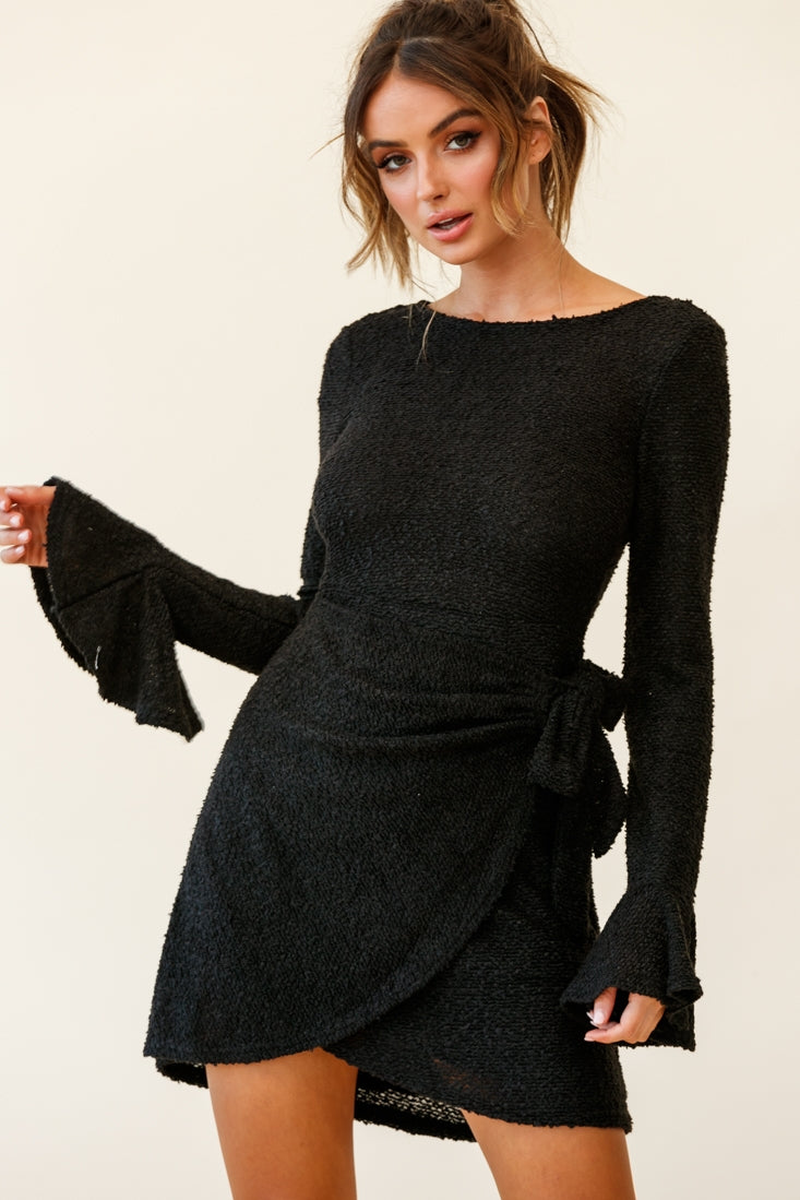 Minerva Flared Cuff Knit Wrap Dress Black by Selfie Leslie