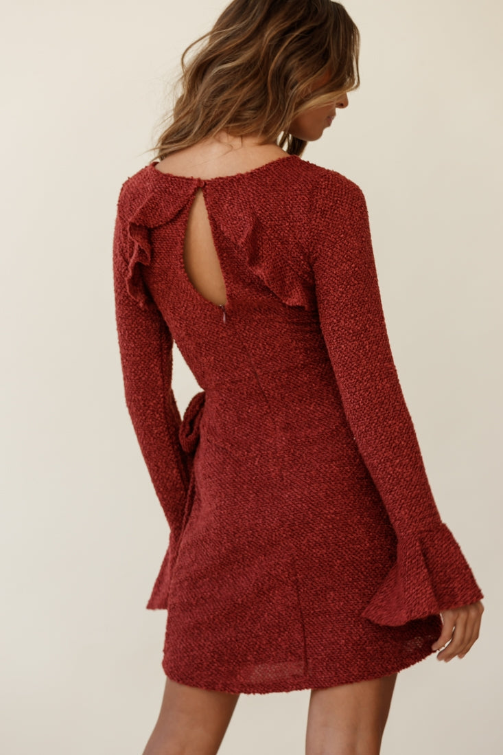 Minerva Flared Cuff Knit Wrap Dress Maroon by Selfie Leslie