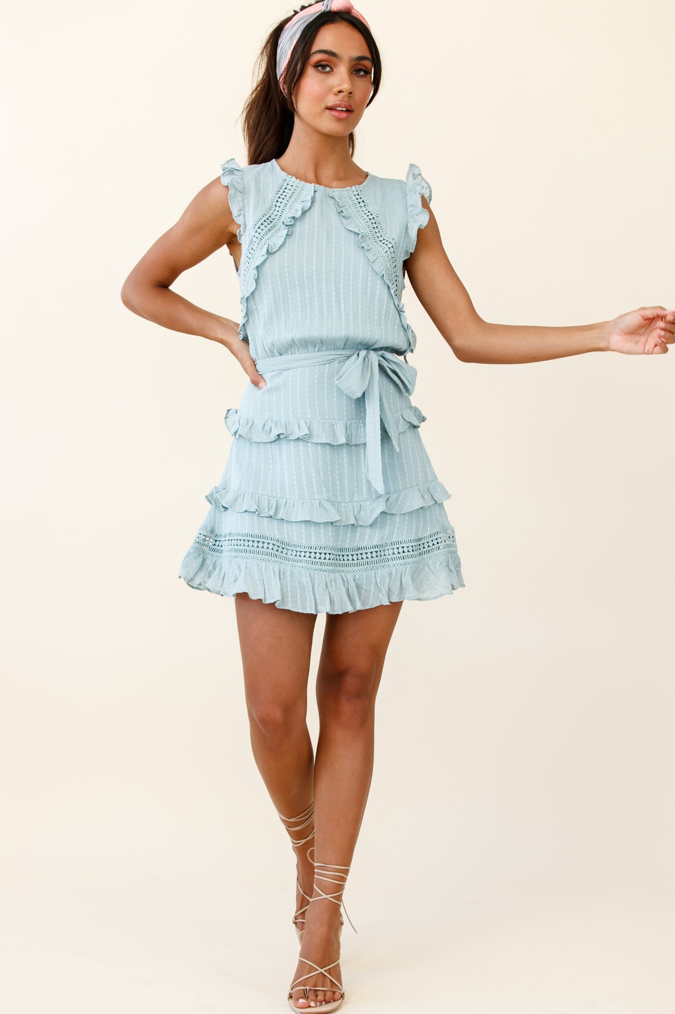 Olga Tiered Frill Detail Waist Tie Dress Sage by Selfie Leslie