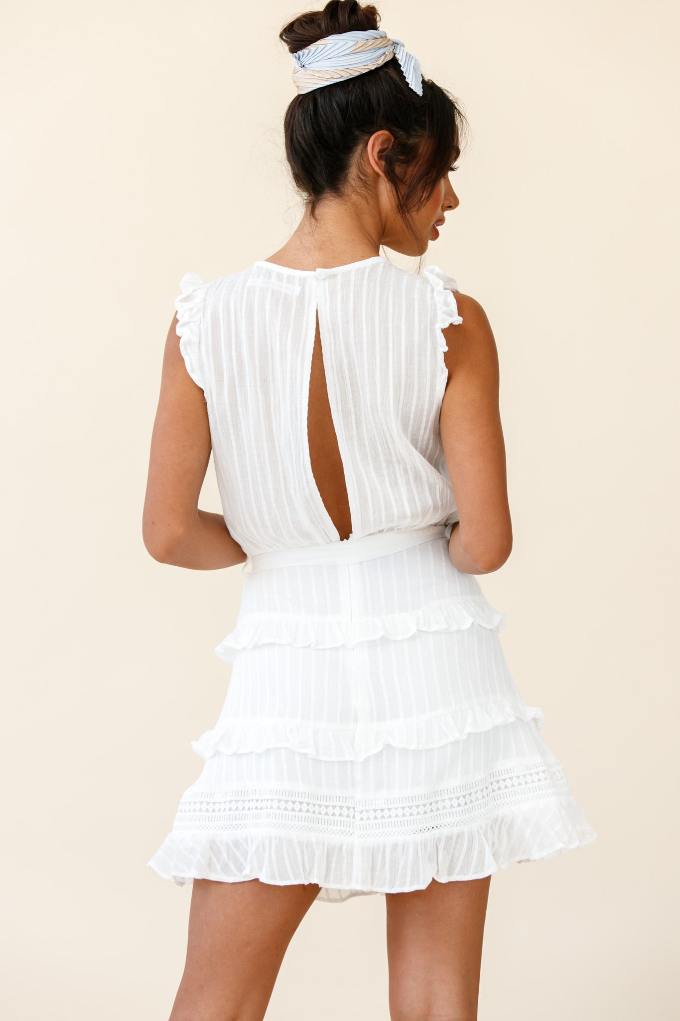 Olga Tiered Frill Detail Waist Tie Dress White by Selfie Leslie