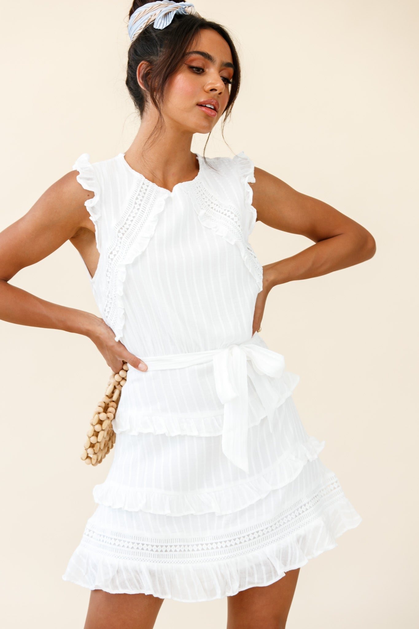 Olga Tiered Frill Detail Waist Tie Dress White by Selfie Leslie