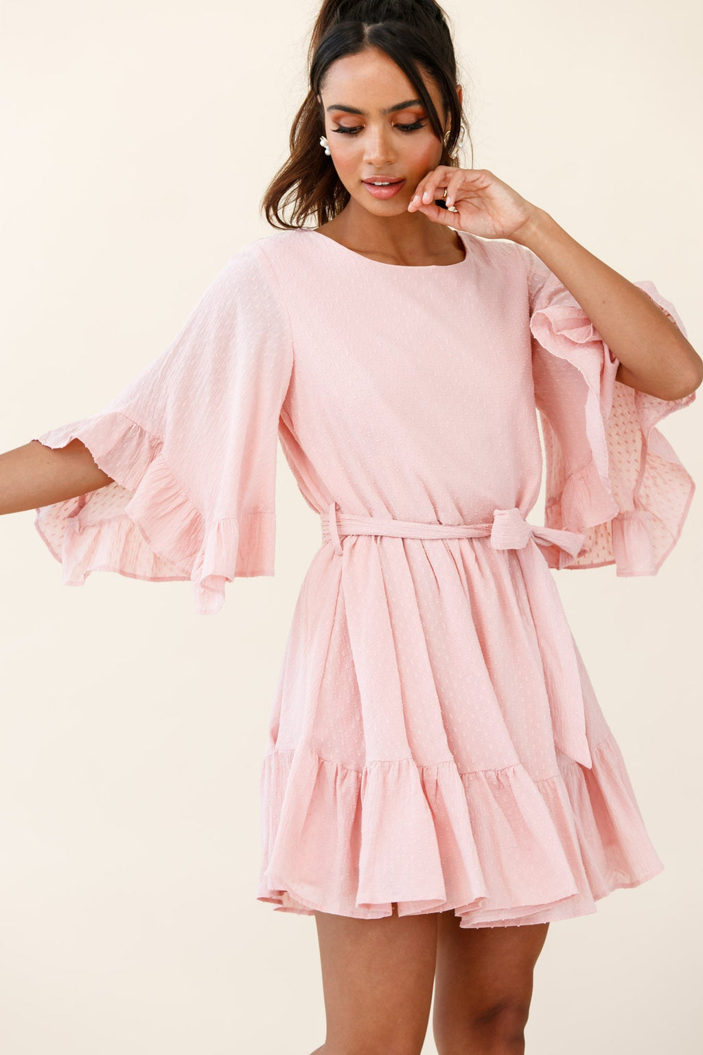 Joni Batwing Sleeve Waist Tie Dress Pink by Selfie Leslie