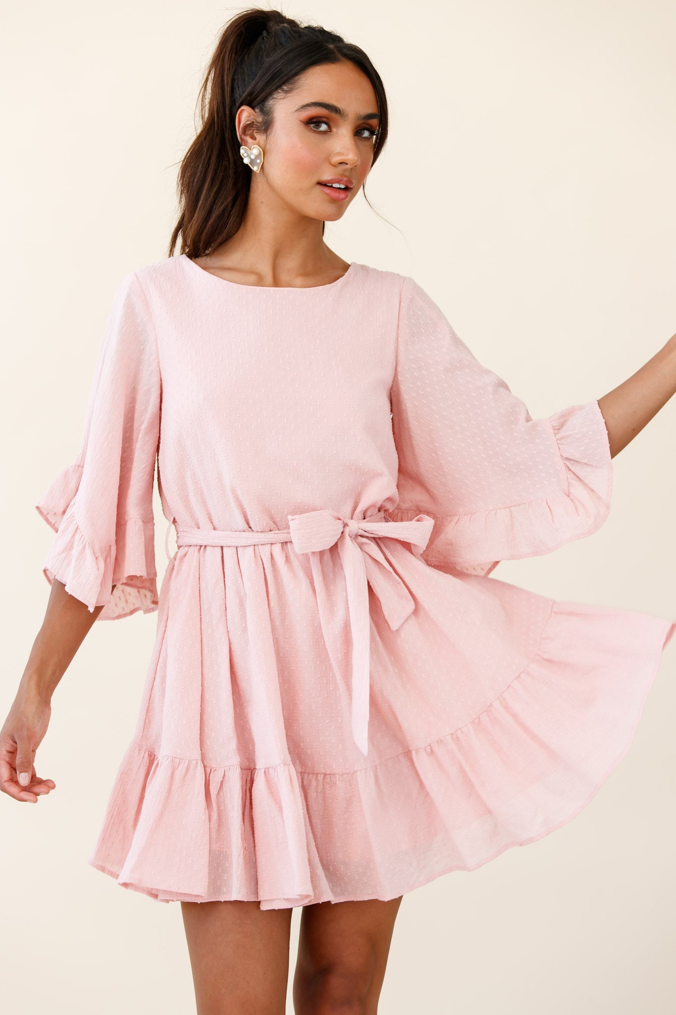 Joni Batwing Sleeve Waist Tie Dress Pink by Selfie Leslie
