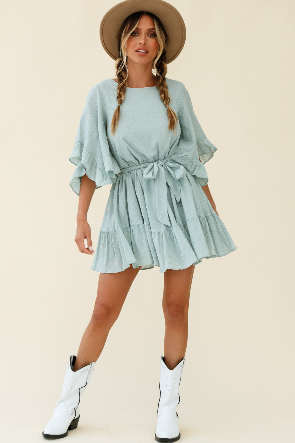Joni Batwing Sleeve Waist Tie Dress Sage by Selfie Leslie