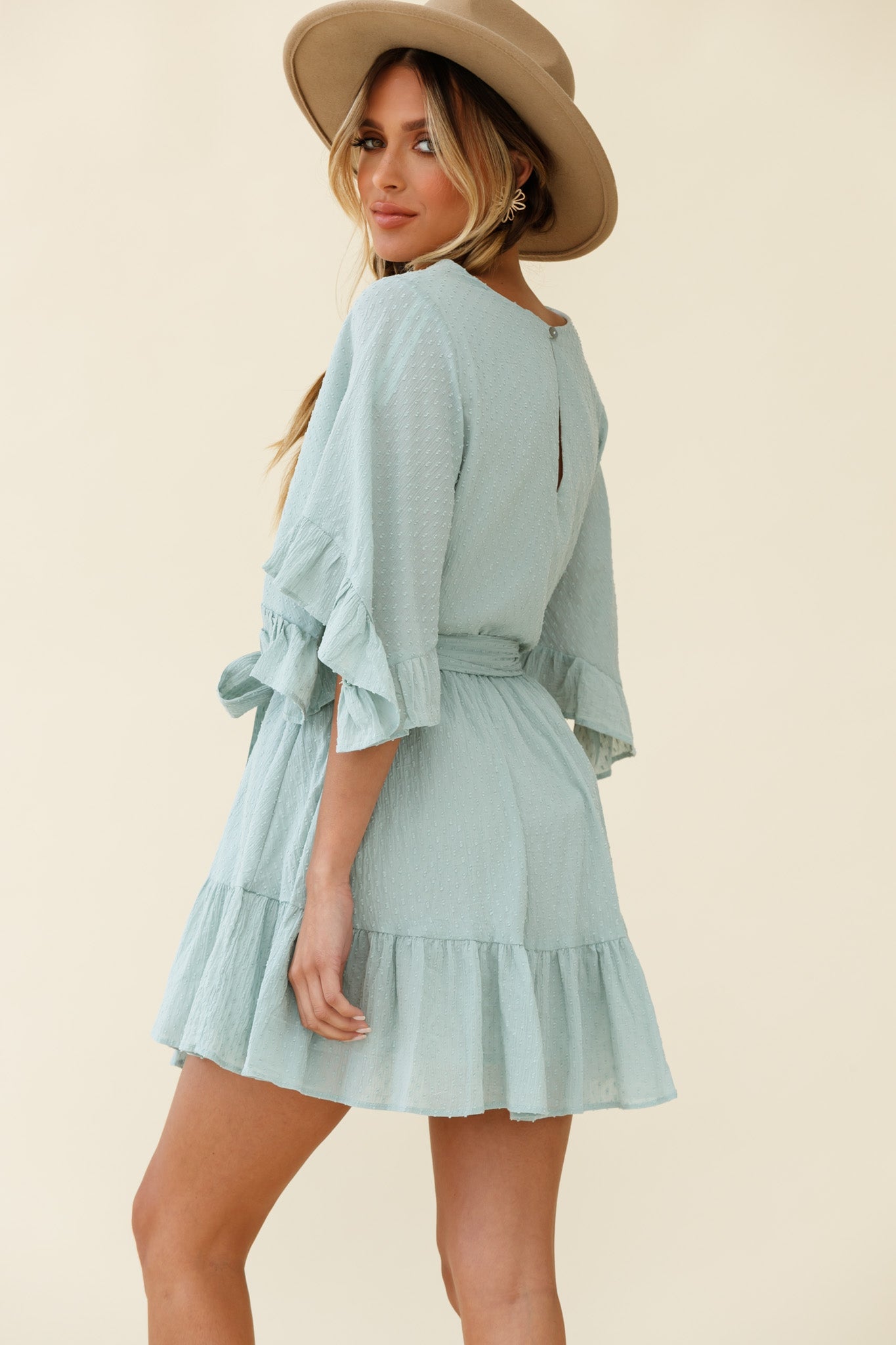 Joni Batwing Sleeve Waist Tie Dress Sage by Selfie Leslie