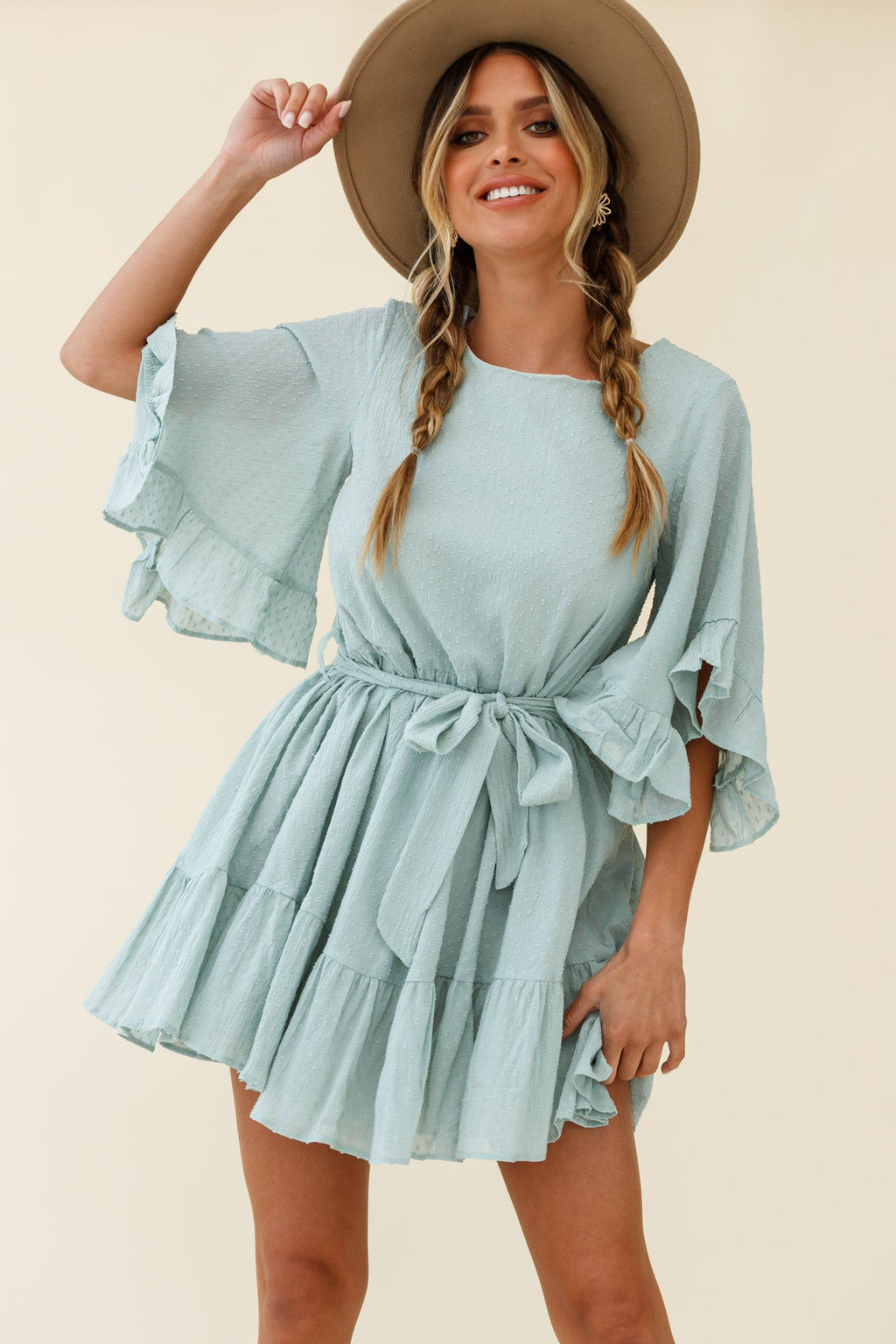 Joni Batwing Sleeve Waist Tie Dress Sage by Selfie Leslie