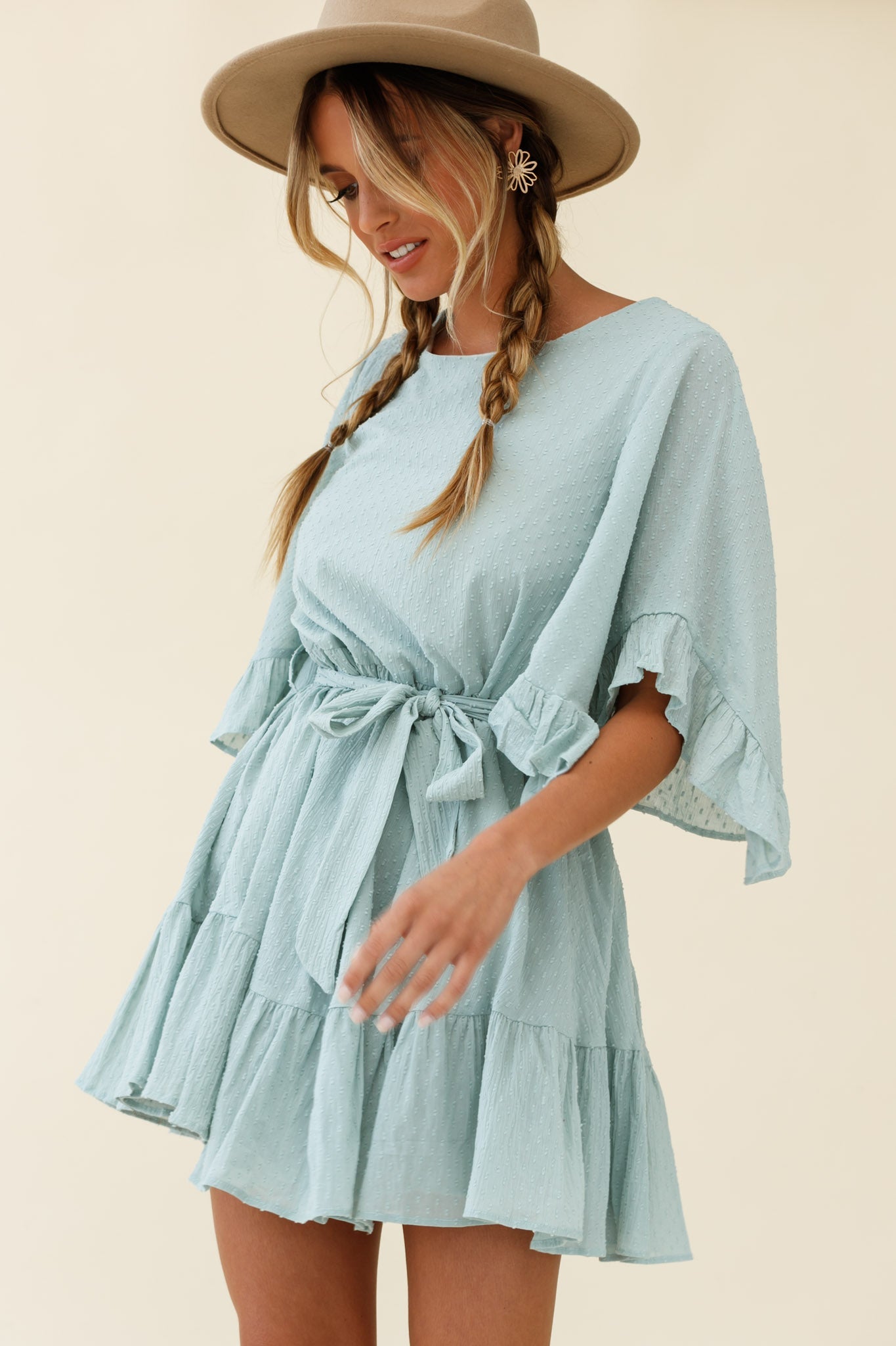 Joni Batwing Sleeve Waist Tie Dress Sage by Selfie Leslie