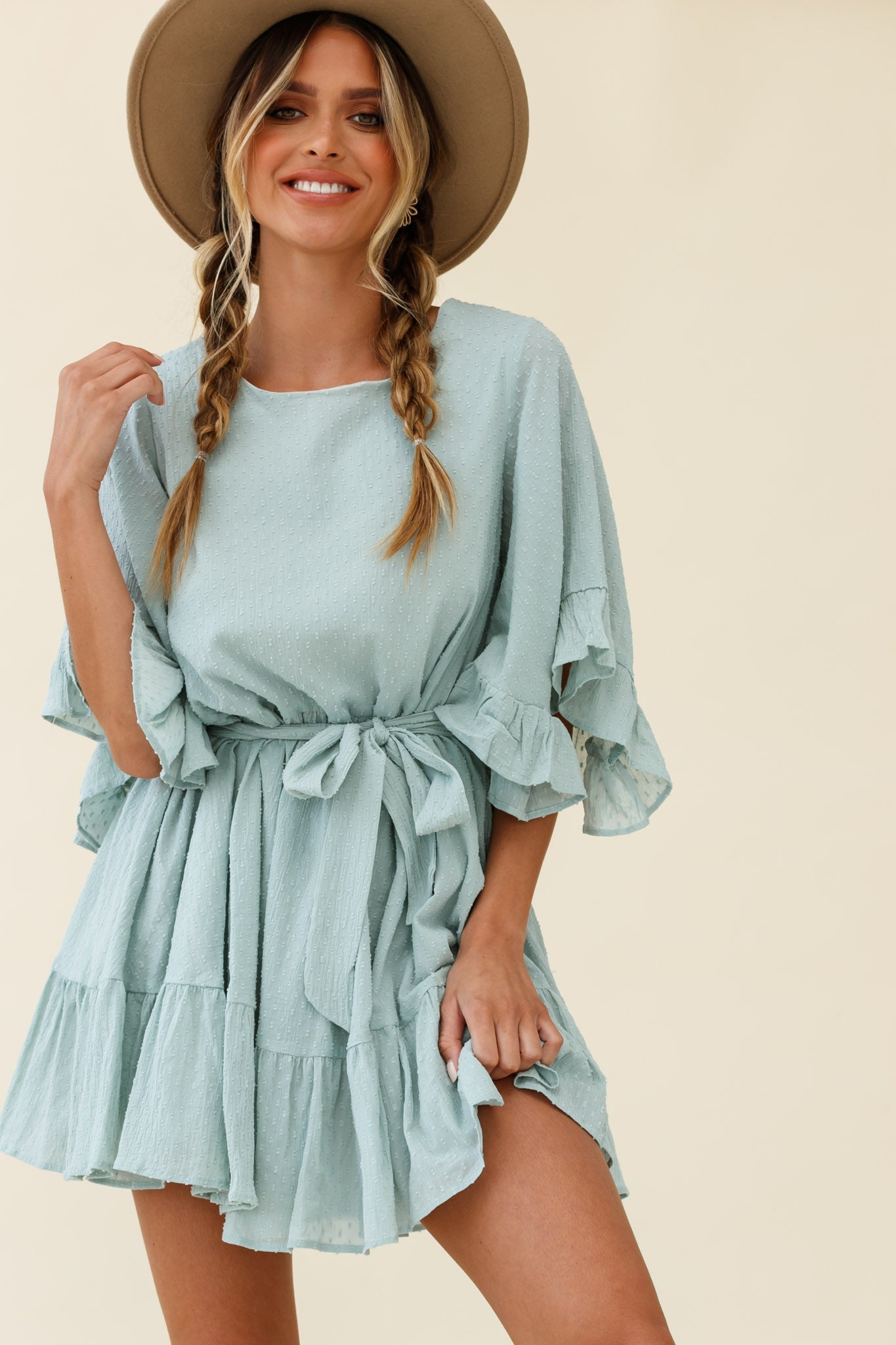 Joni Batwing Sleeve Waist Tie Dress Sage by Selfie Leslie