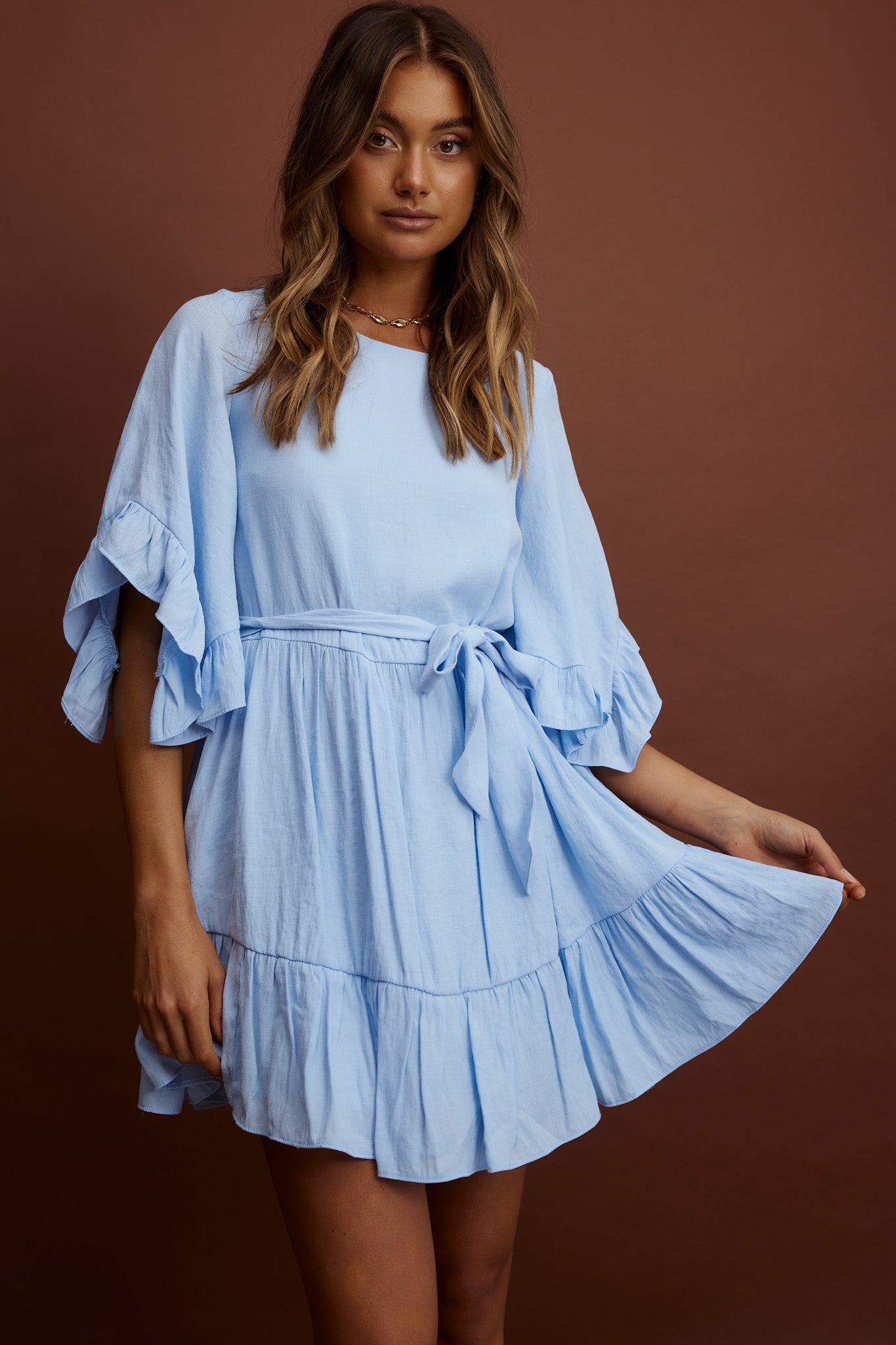 Shop the Joni Batwing Sleeve Waist Tie Dress Ruffle Blue