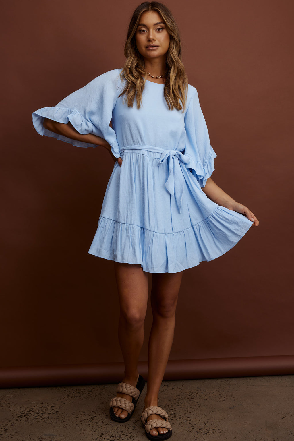 Joni Batwing Sleeve Waist Tie Dress Ruffle Blue by Selfie Leslie Australia
