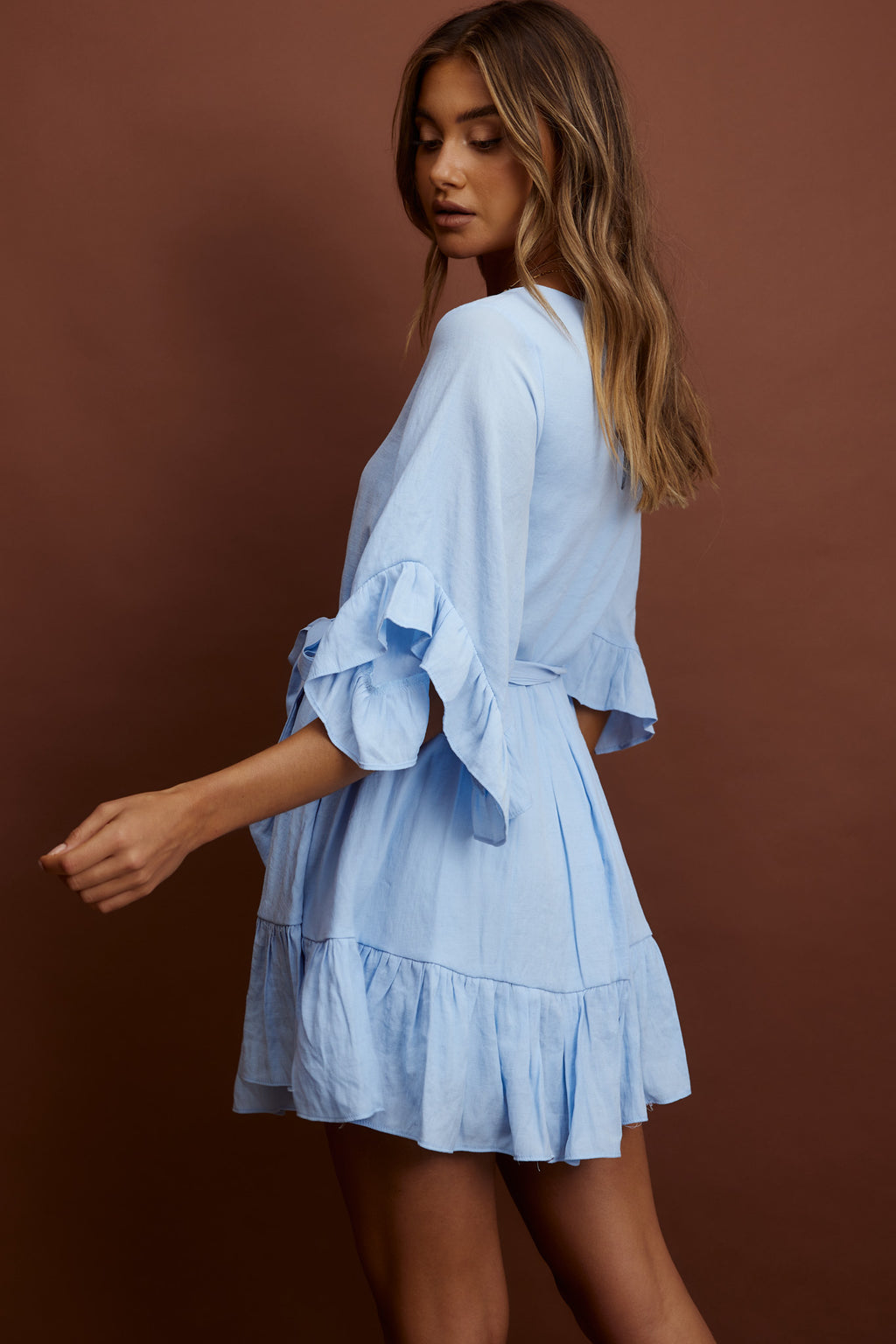 Joni Batwing Sleeve Waist Tie Dress Ruffle Blue by Selfie Leslie Australia