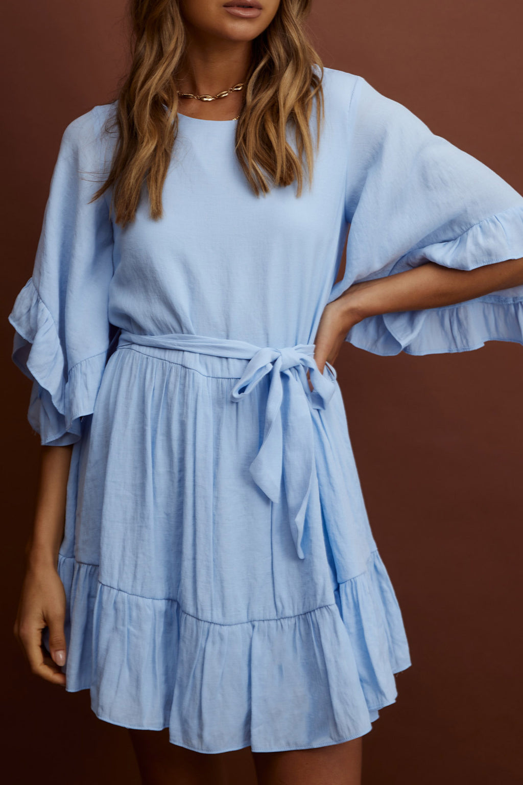 Joni Batwing Sleeve Waist Tie Dress Ruffle Blue by Selfie Leslie Australia