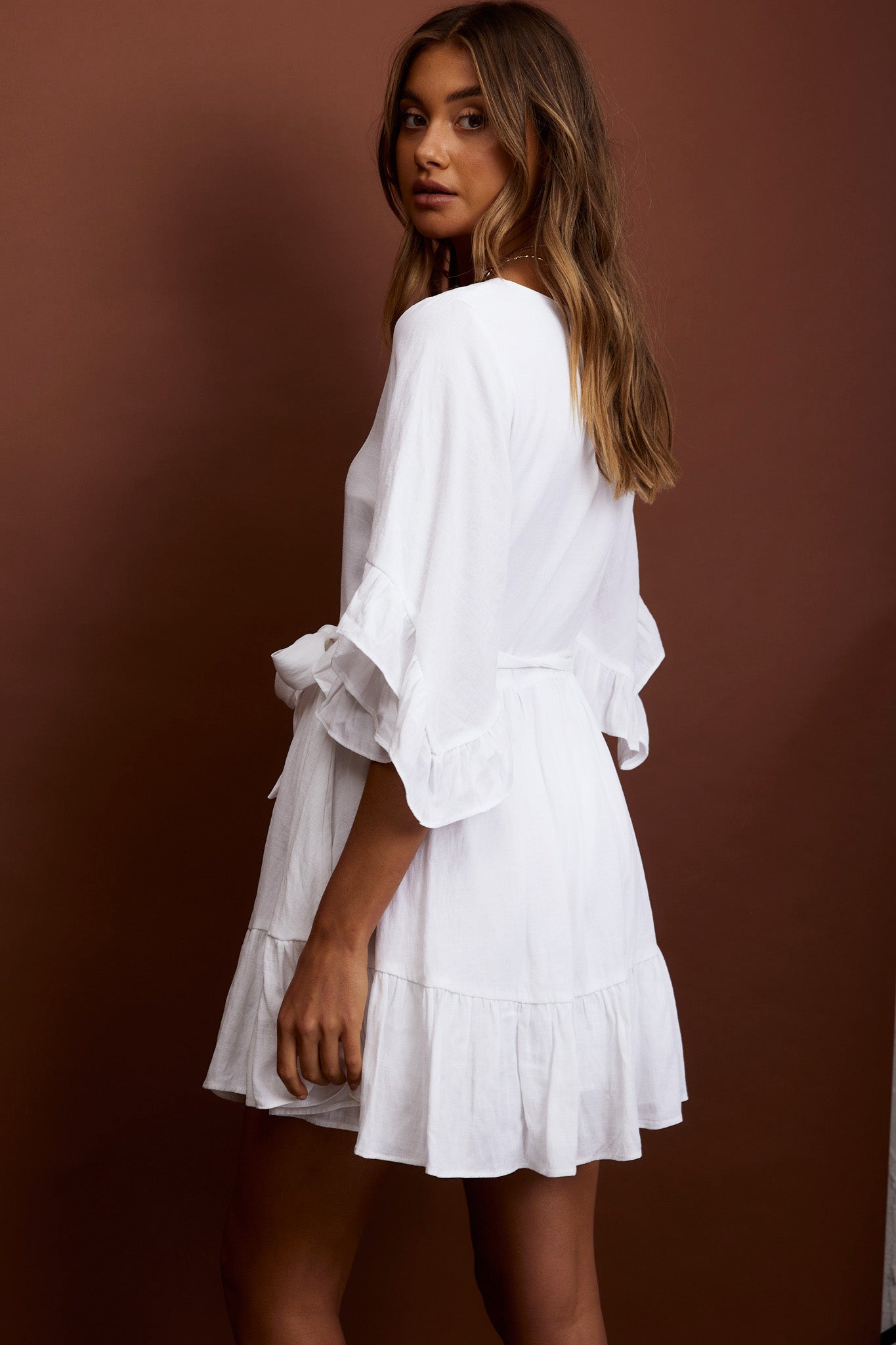 Joni Batwing Sleeve Waist Tie Dress Ruffle White by Selfie Leslie Australia