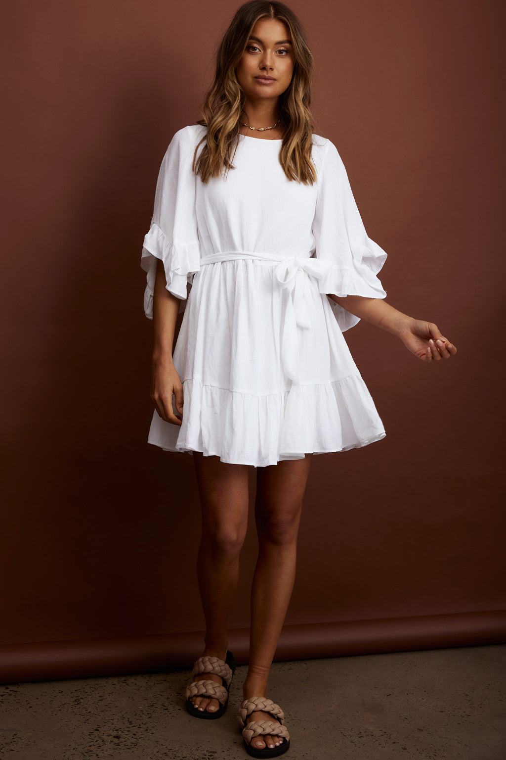 Joni Batwing Sleeve Waist Tie Dress Ruffle White by Selfie Leslie Australia