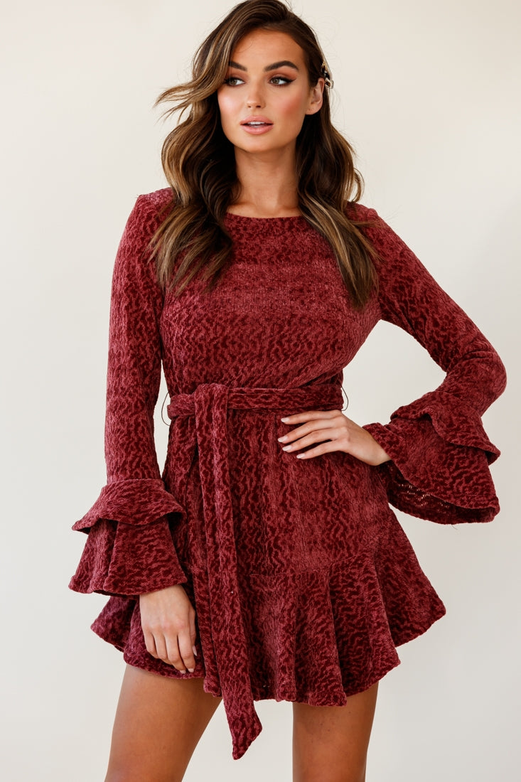 Saphira Long Sleeve Fluted Hem Knit Dress Rose by Selfie Leslie