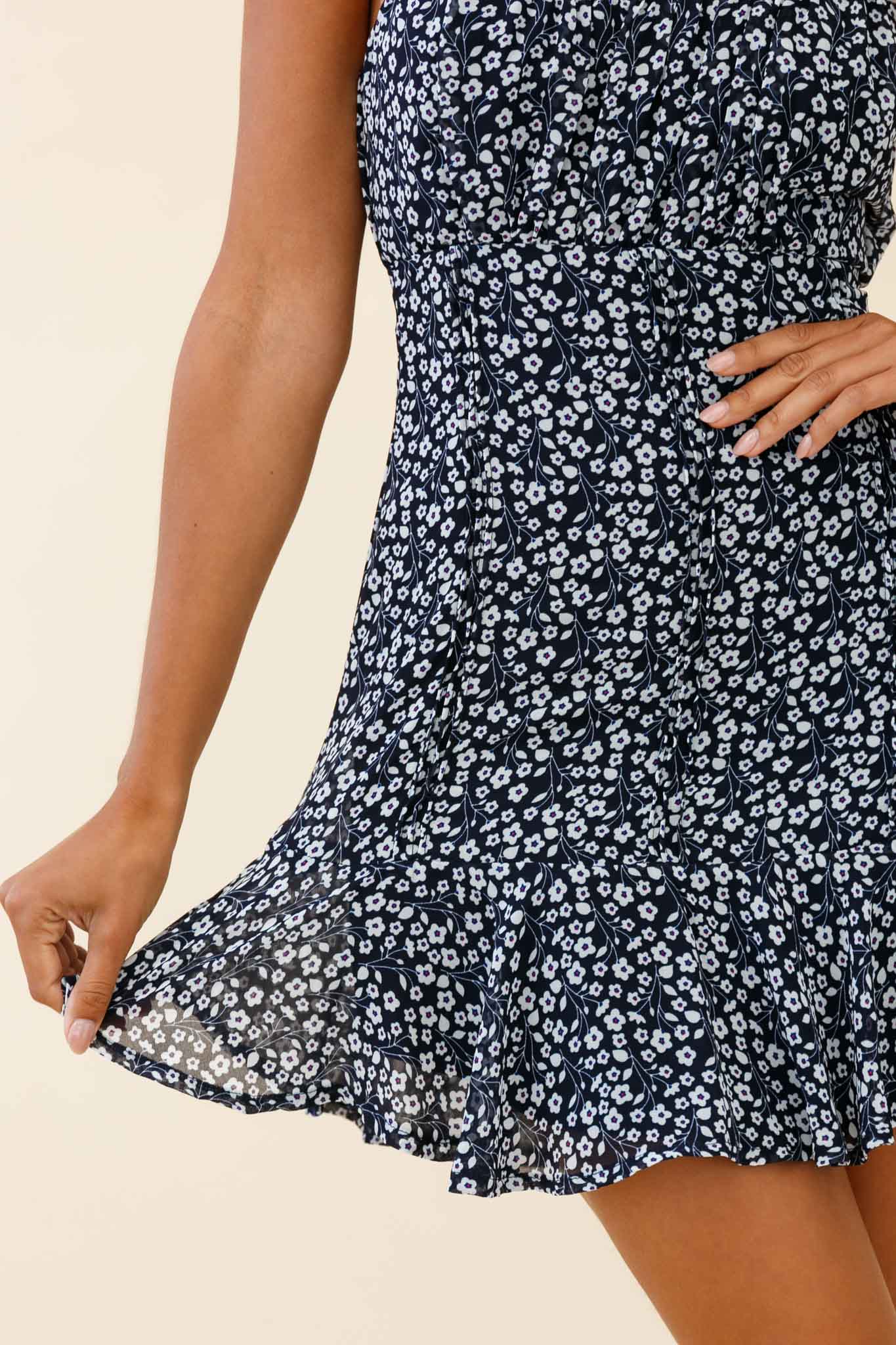 Promise Me Ruched Bust Pintuck Pleat Detail Dress Floral Print Navy by Selfie Leslie