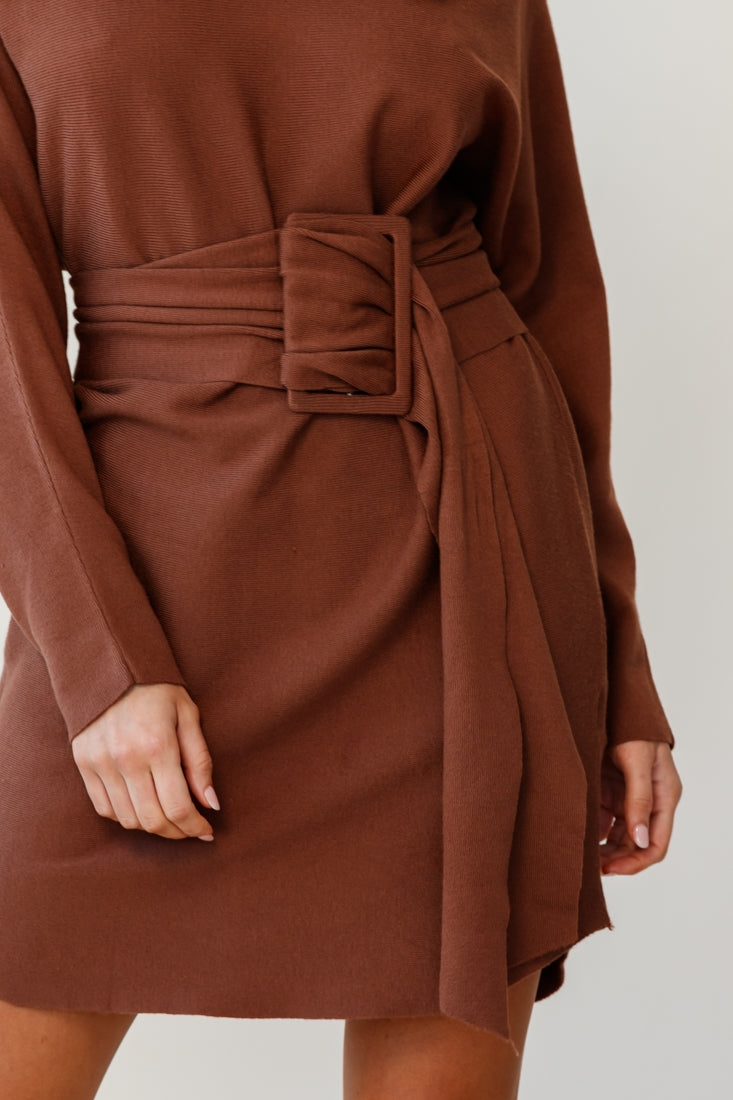 Lorelei Long Sleeve Wide Belt Knit Dress Camel by Selfie Leslie