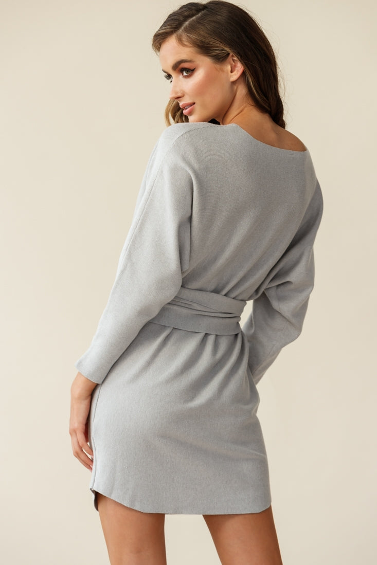 Lorelei Long Sleeve Wide Belt Knit Dress Grey by Selfie Leslie