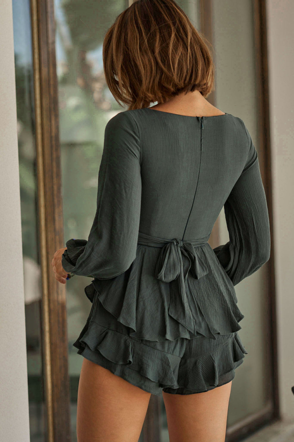 Wendy Ruched Bust Long Sleeve Ruffle Romper Green by Selfie Leslie
