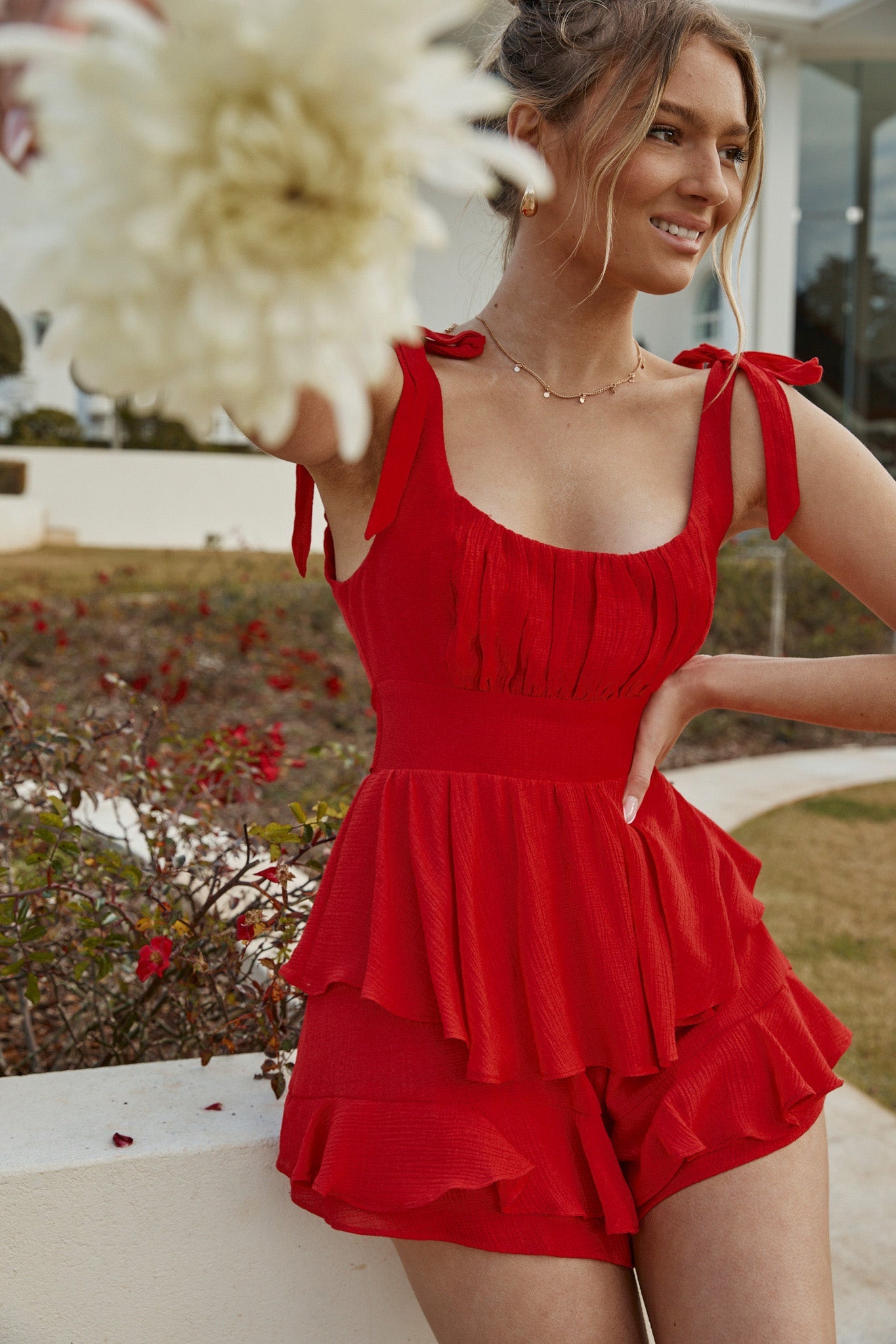 Wendy Tied Shoulder Ruched Bust Layered Ruffle Romper Red by Selfie Leslie