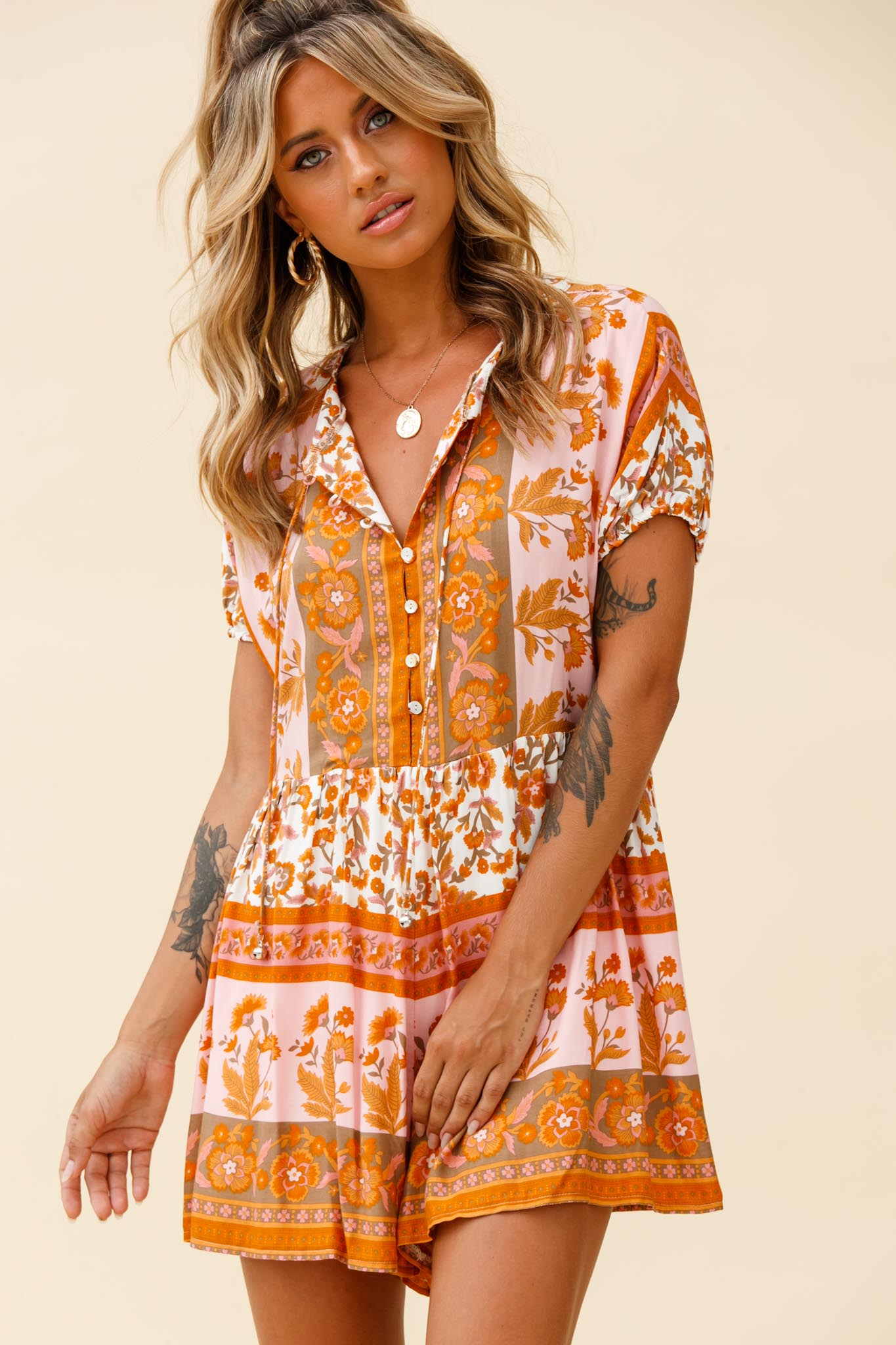Time Flies Puff Sleeve T-Shirt Romper Vintage Floral Print White/Pink by Selfie Leslie