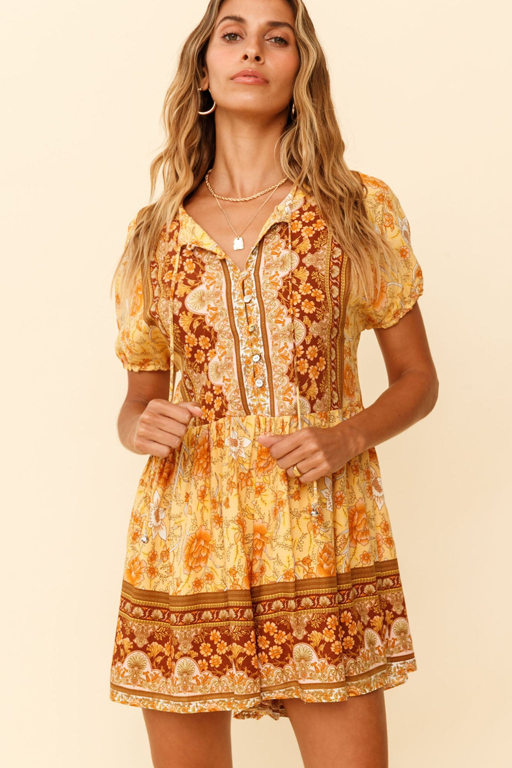 Time Flies Puff Sleeve T-Shirt Romper Boho Floral Print Yellow by Selfie Leslie