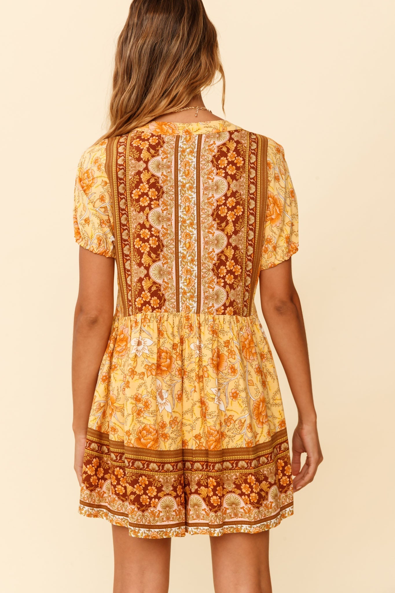 Time Flies Puff Sleeve T-Shirt Romper Boho Floral Print Yellow by Selfie Leslie