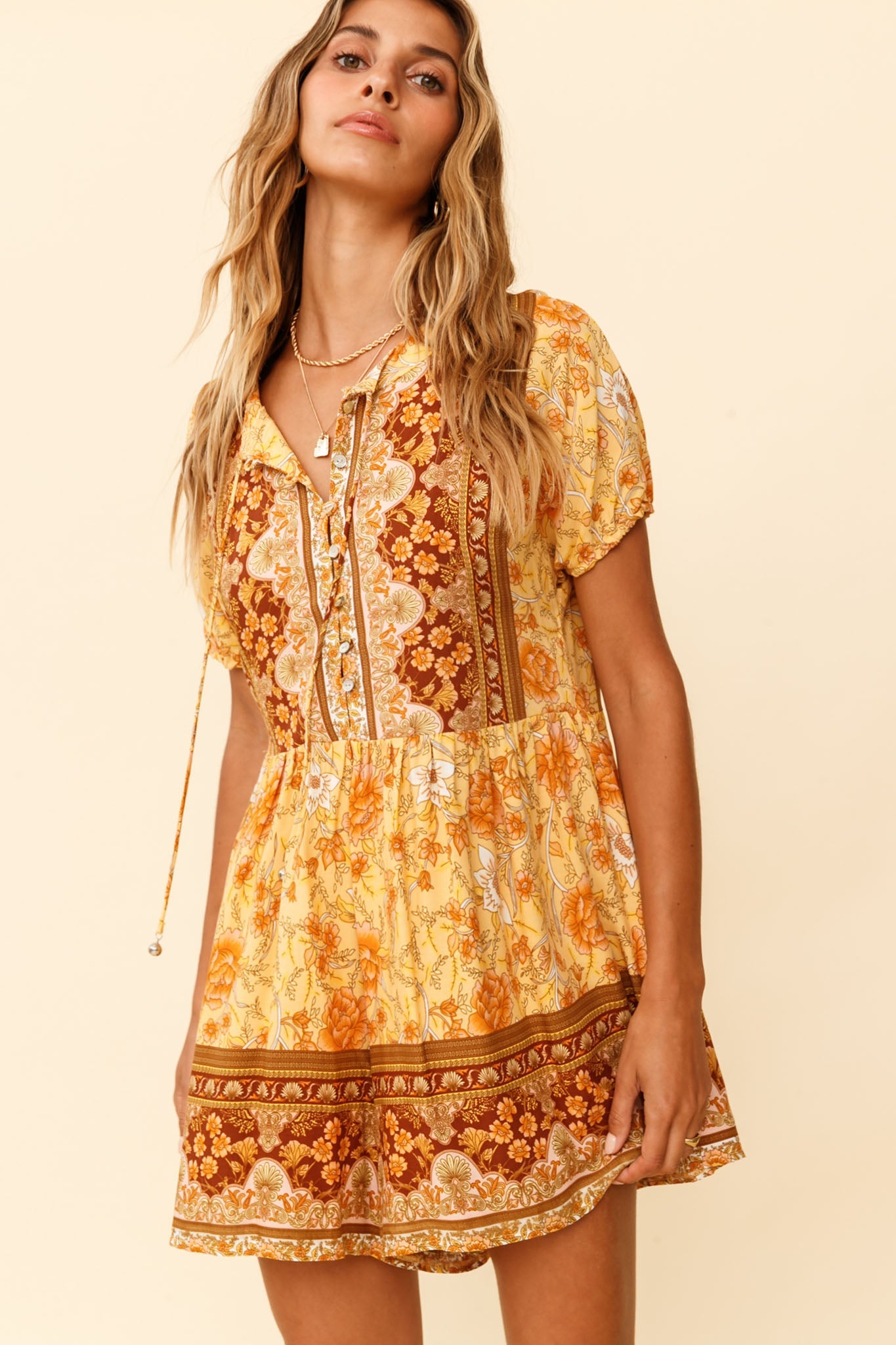 Time Flies Puff Sleeve T-Shirt Romper Boho Floral Print Yellow by Selfie Leslie