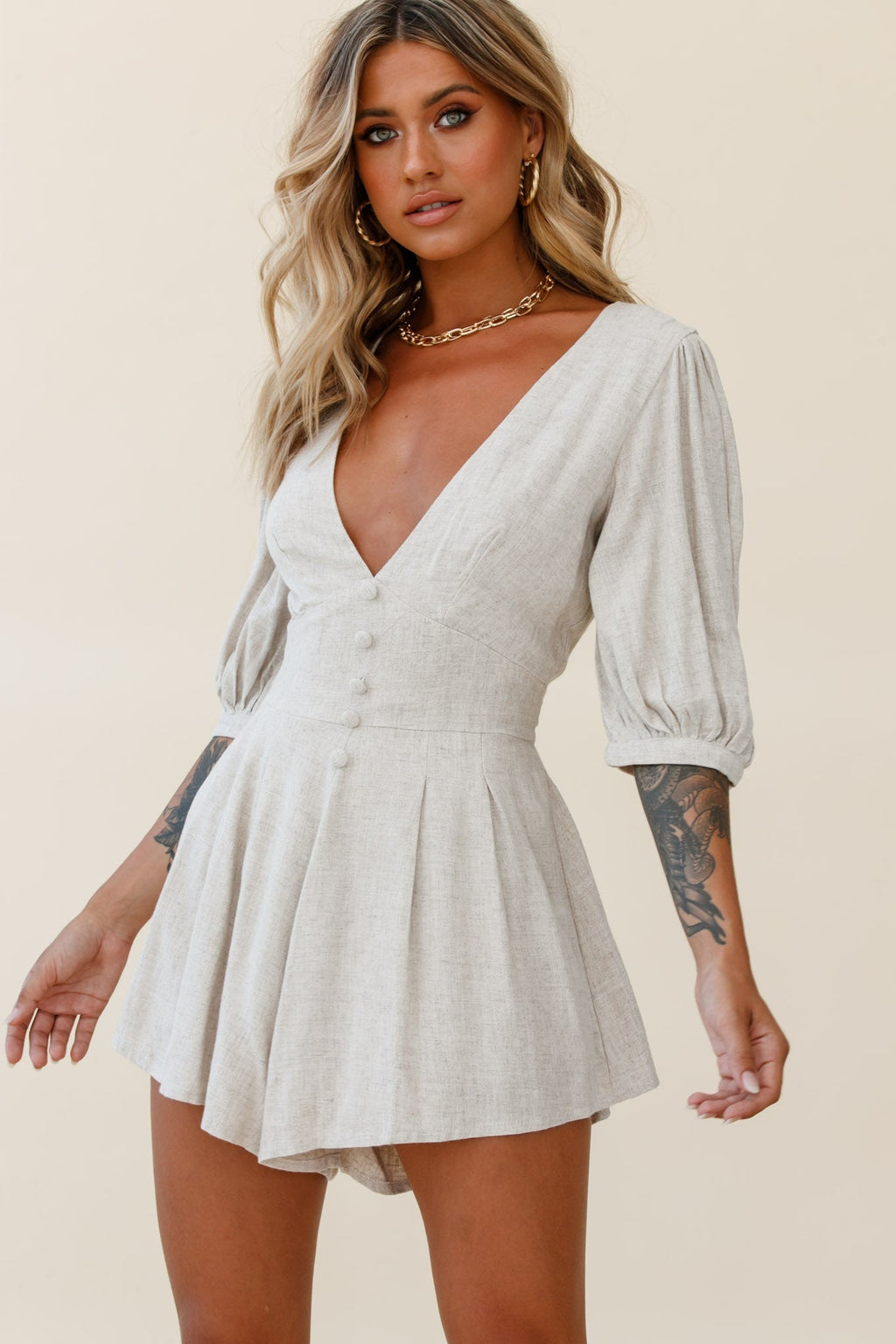 Jinka Balloon Sleeve Structured Bodice Romper Natural by Selfie Leslie