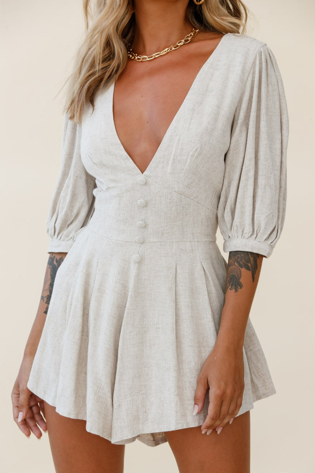 Jinka Balloon Sleeve Structured Bodice Romper Natural by Selfie Leslie