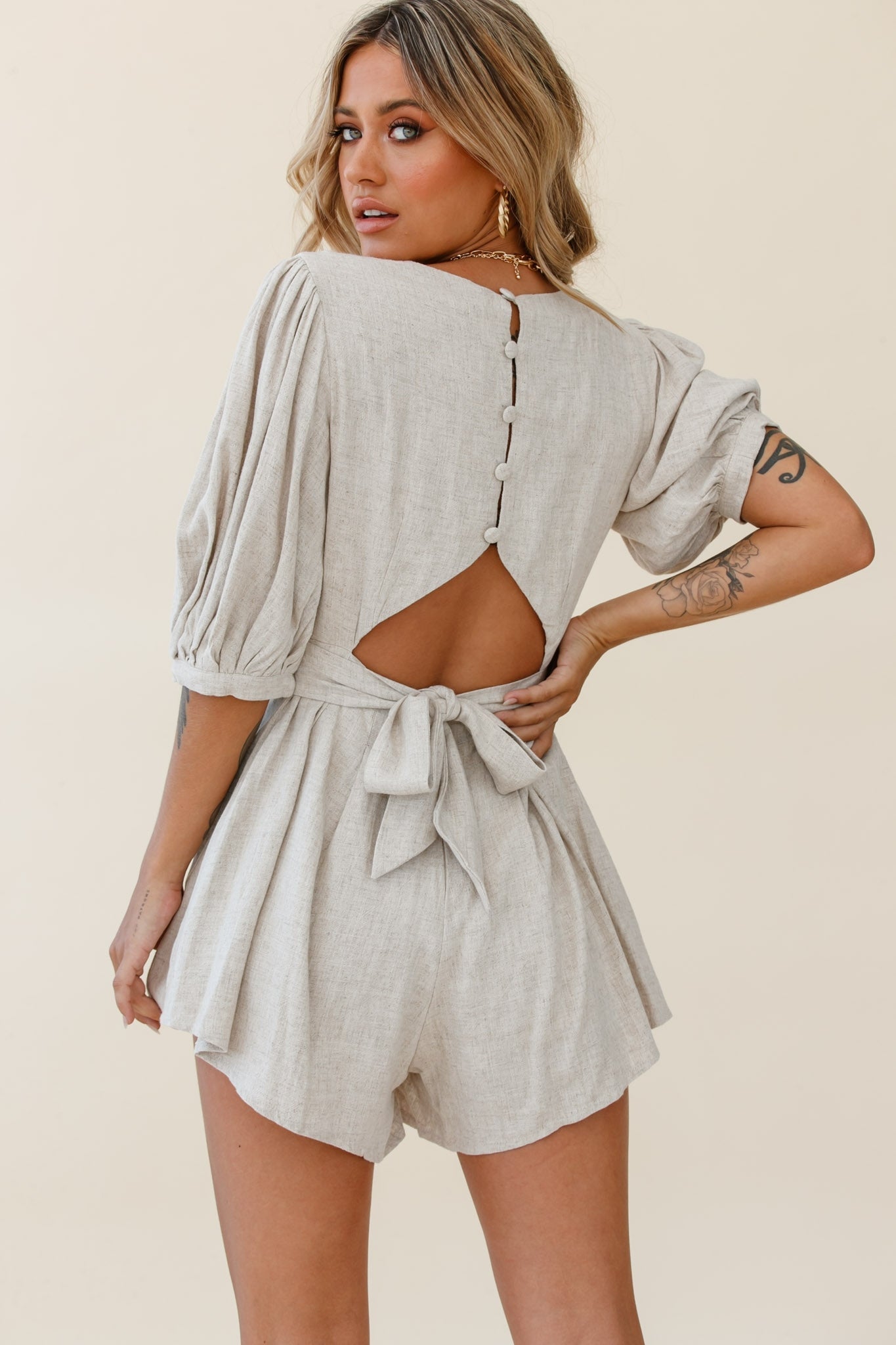 Jinka Balloon Sleeve Structured Bodice Romper Natural by Selfie Leslie