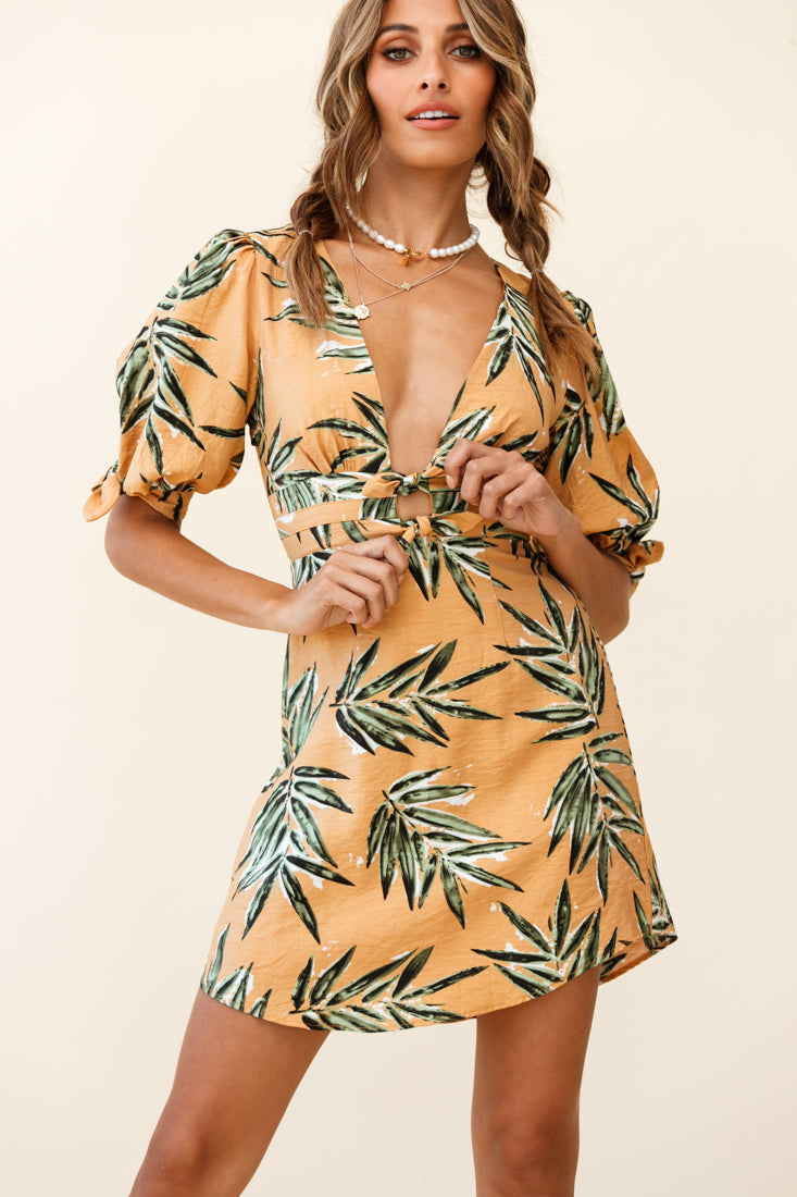 Camarillo Puff Sleeve Bow Detail Dress Leaf Print Sunset by Selfie Leslie