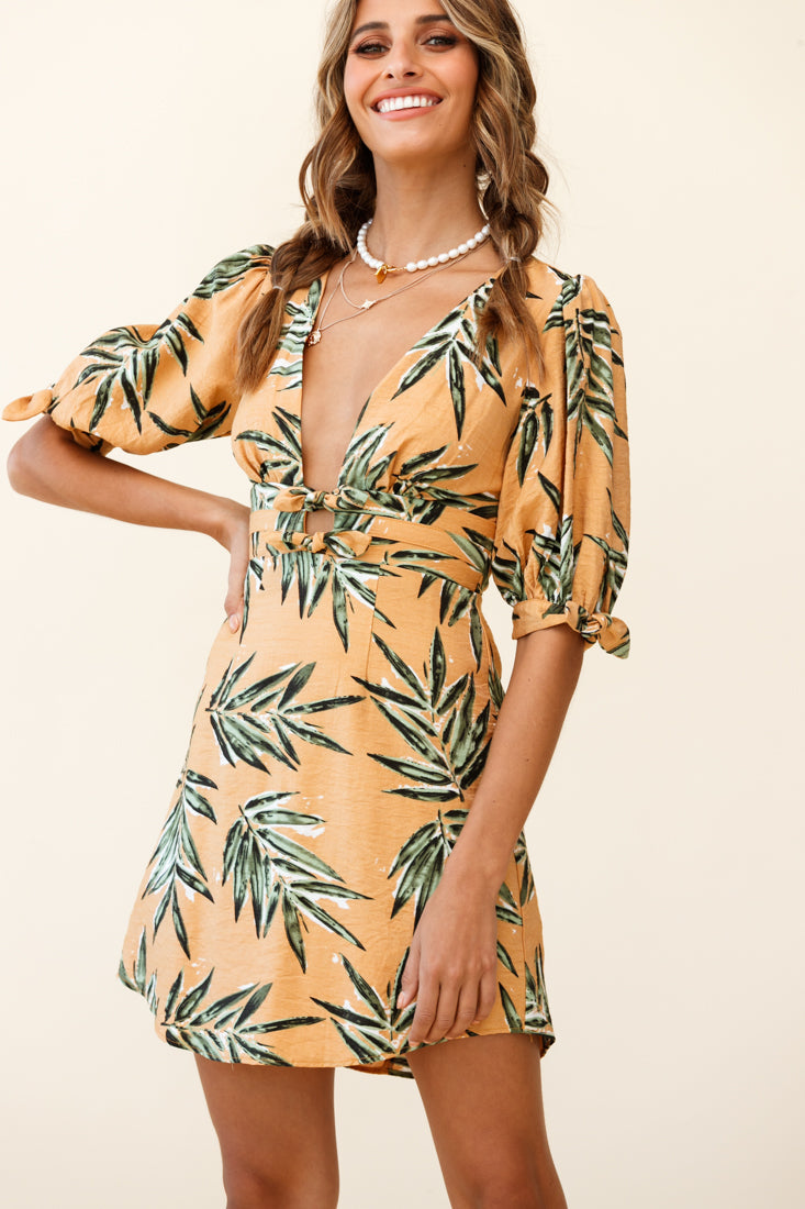 Camarillo Puff Sleeve Bow Detail Dress Leaf Print Sunset by Selfie Leslie