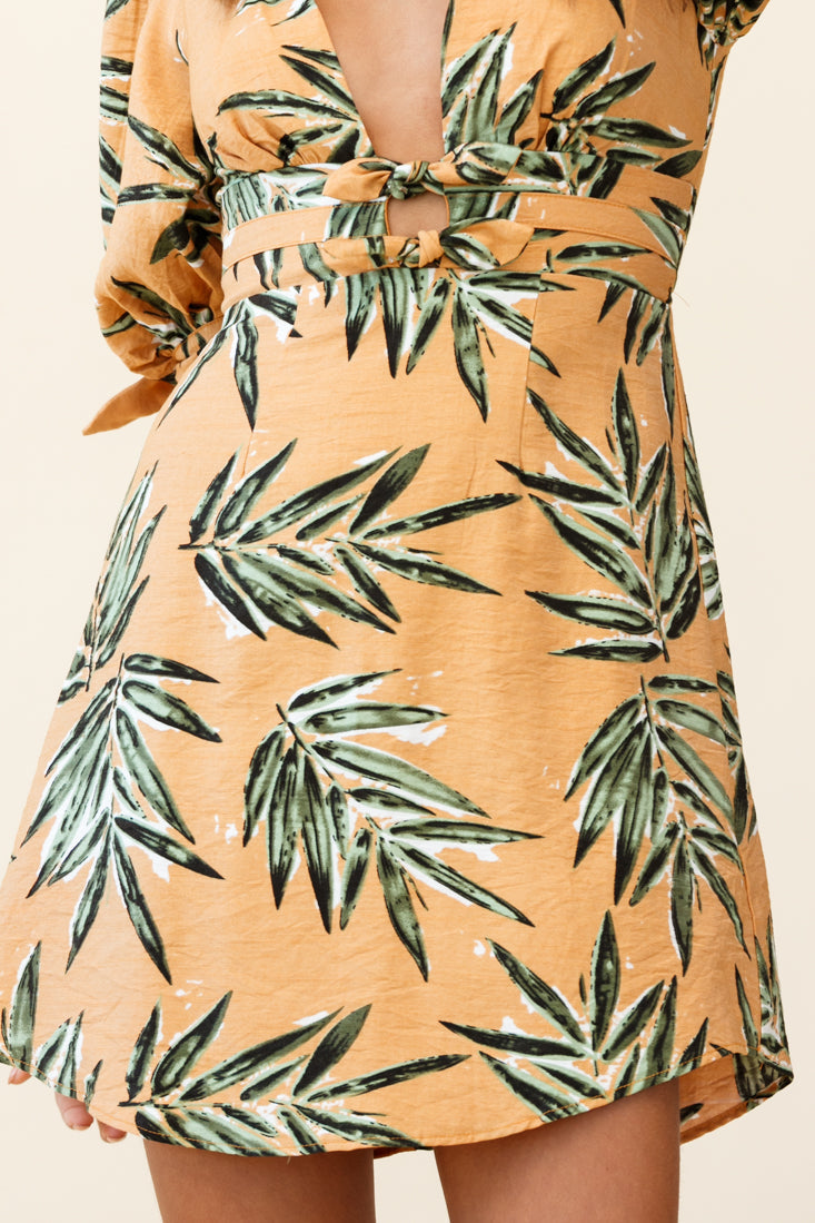 Camarillo Puff Sleeve Bow Detail Dress Leaf Print Sunset by Selfie Leslie