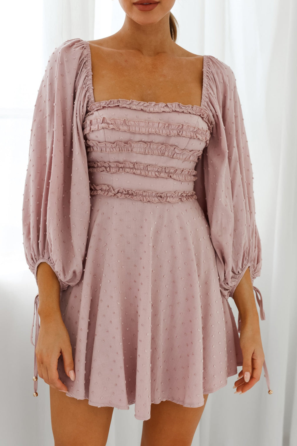 Illia Three-Quarter Balloon Sleeve Frill Bodice Dress Mauve by Selfie Leslie